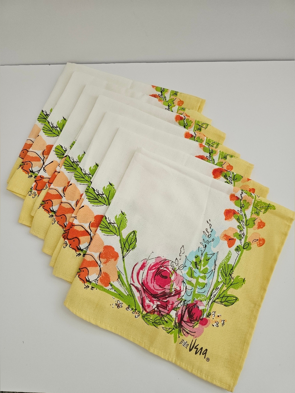 Set of 7 Vintage Vera Neumann Cloth Napkins  Yellow Floral Rose Signed Ladybug